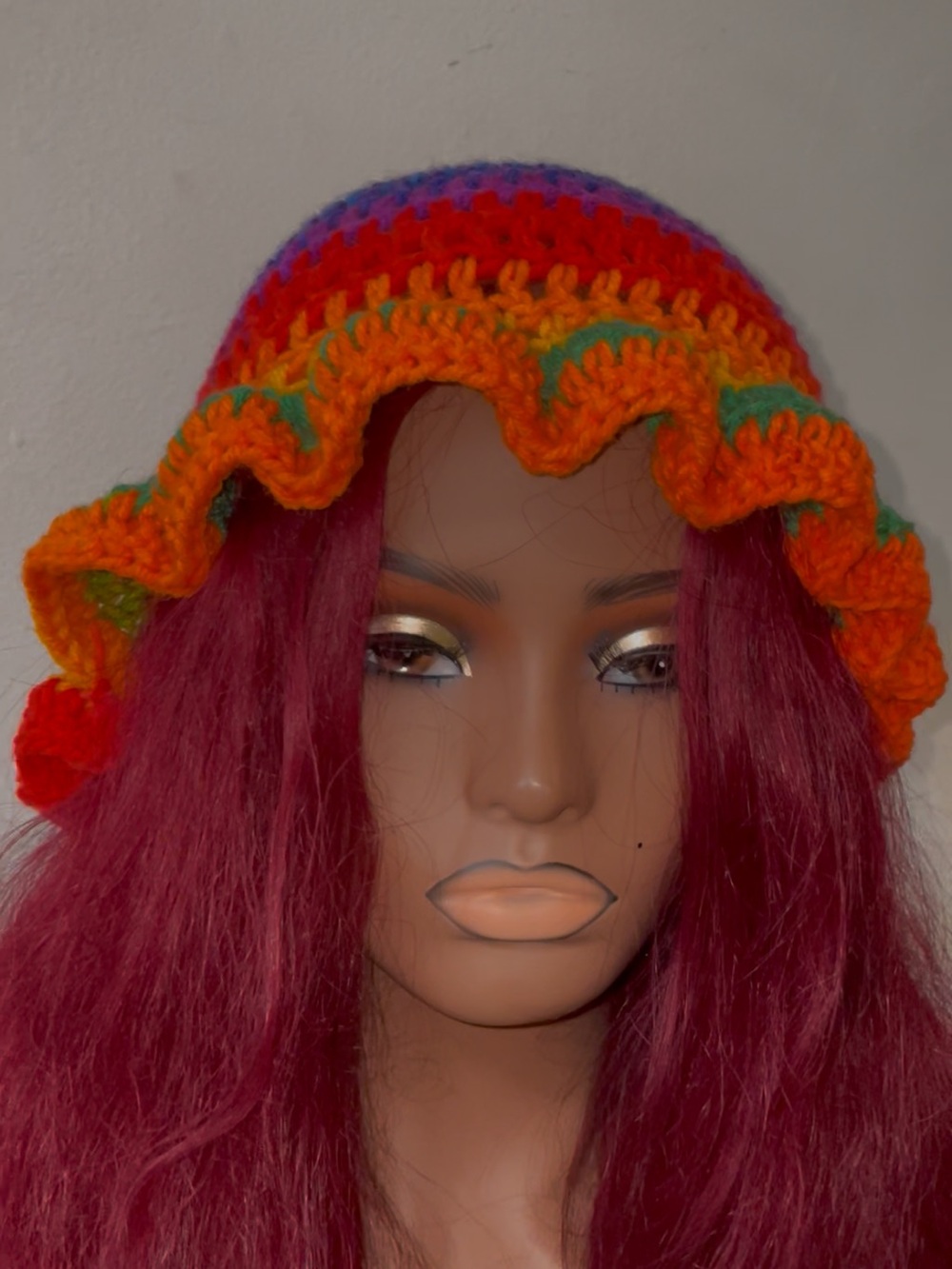 Colorful Crochet Ruffle Beanie - Orange, Red & Green
